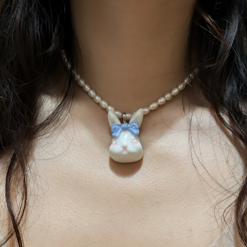 Thumbnail of Grumpy Bunny Purple Blue Bow Tie Freshwater Pearl Necklace image