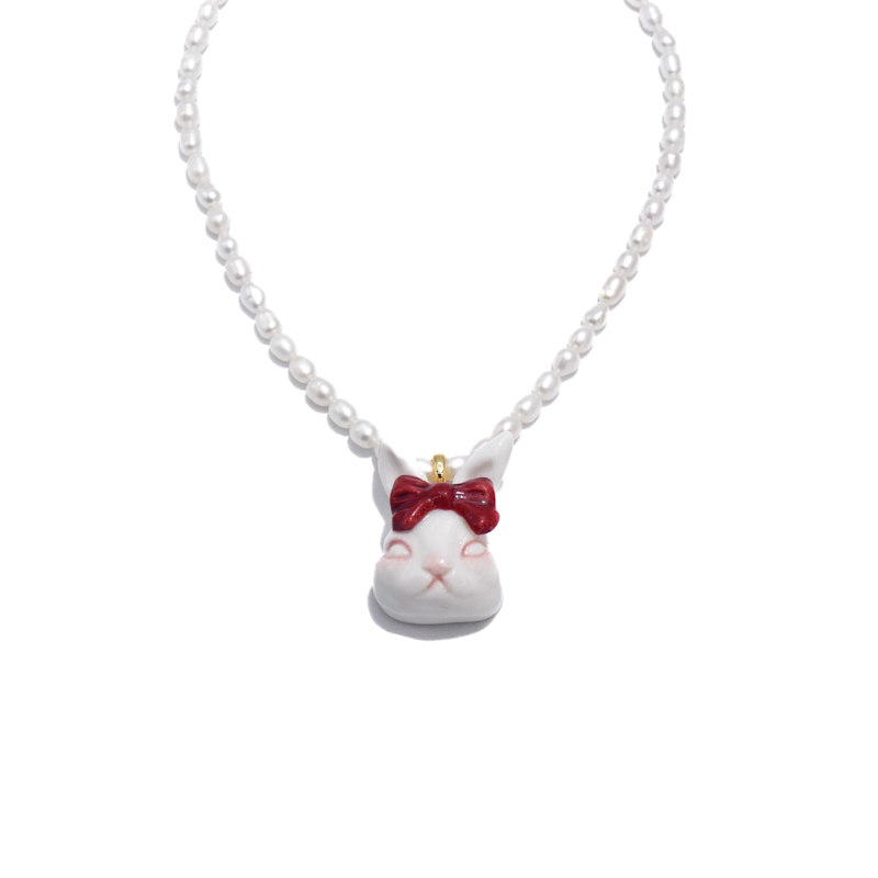 Thumbnail of Grumpy Bunny Ruby Red Bow Tie Freshwater Pearl Necklace image