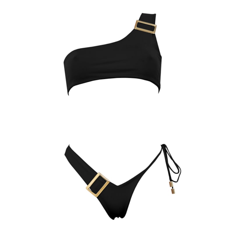 Thumbnail of Dulcet Double Layered Asymmetric Bikini Bottom With Golden Details In Black image