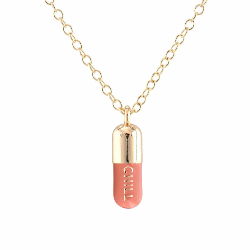 Thumbnail of Chill Pill Enamel Necklace Gold Filled & Pink Sky Enamel image