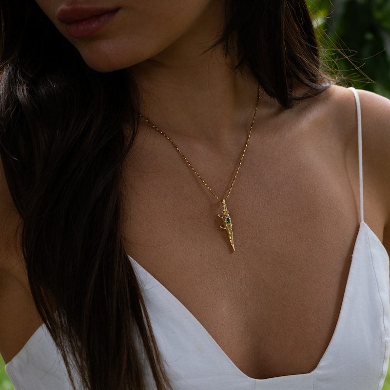 Thumbnail of Guardian Crocodile Multicolor Crystal Gold Necklace - Gold image