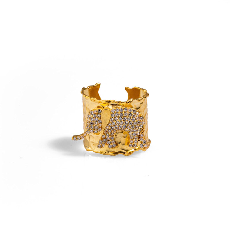 Thumbnail of Guardian Diamond Elephant Gold Chunky Adjustable Ring - Gold image