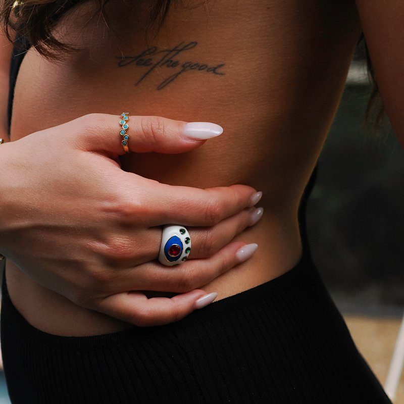 Thumbnail of Guardian Ruby & Emerald Evil Eye White Enamel Adjustable Ring - White image