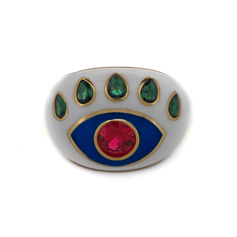 Thumbnail of Guardian Ruby & Emerald Evil Eye White Enamel Adjustable Ring - White image