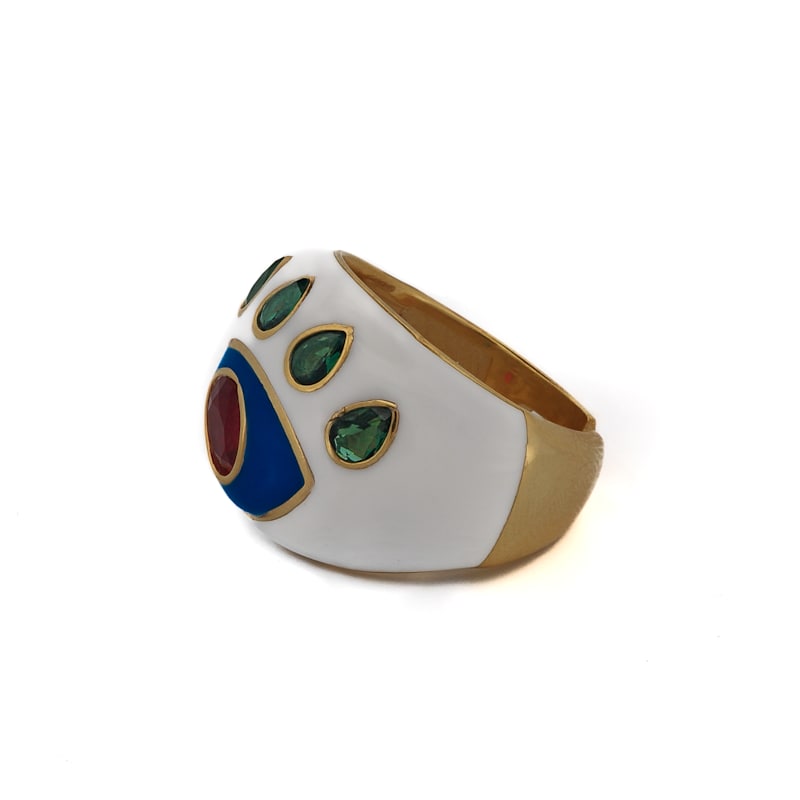 Thumbnail of Guardian Ruby & Emerald Evil Eye White Enamel Adjustable Ring - White image