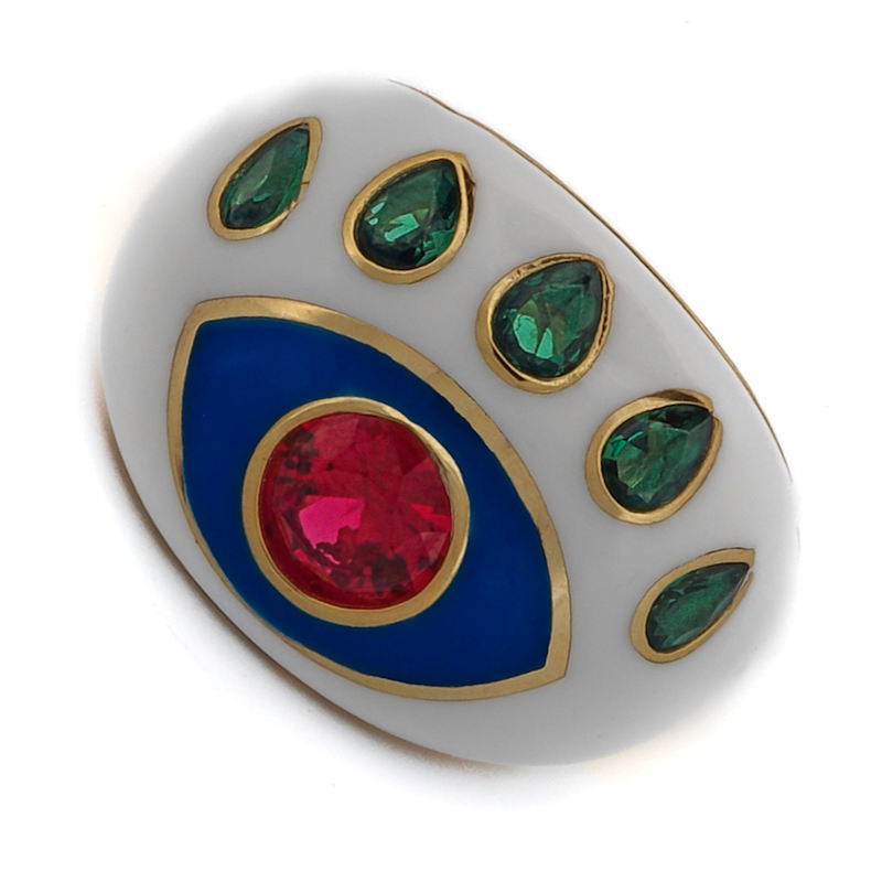Thumbnail of Guardian Ruby & Emerald Evil Eye White Enamel Adjustable Ring - White image