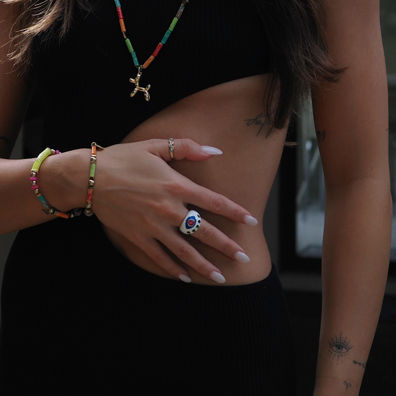 Thumbnail of Guardian Ruby & Emerald Evil Eye White Enamel Adjustable Ring - White image