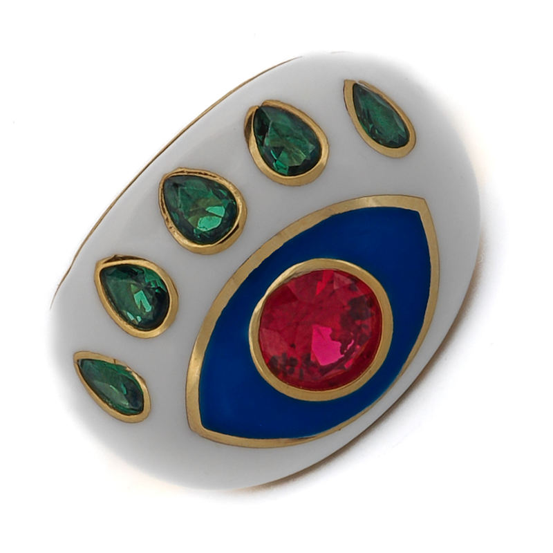 Thumbnail of Guardian Ruby & Emerald Evil Eye White Enamel Adjustable Ring - White image