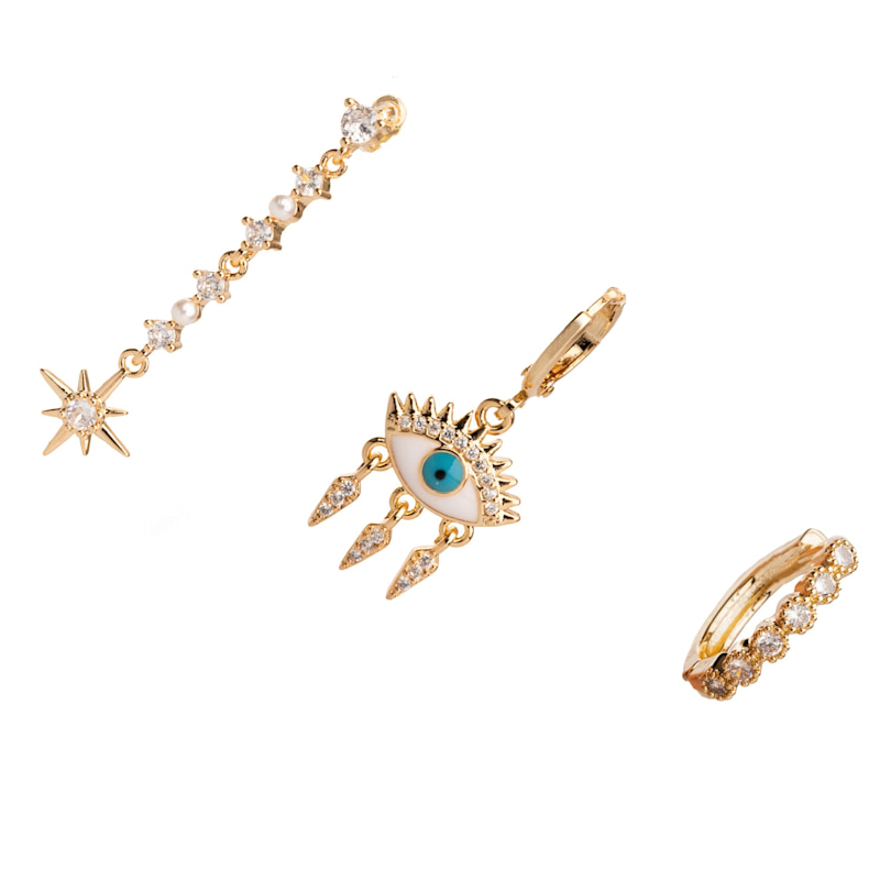 Thumbnail of Guidance Star Evil Eye & Diamond Hoop Protection Gold Trio Earring Set - Gold image