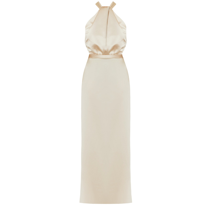 Elona Halter Neck Beige Satin Evening Long Dress | UNDRESS