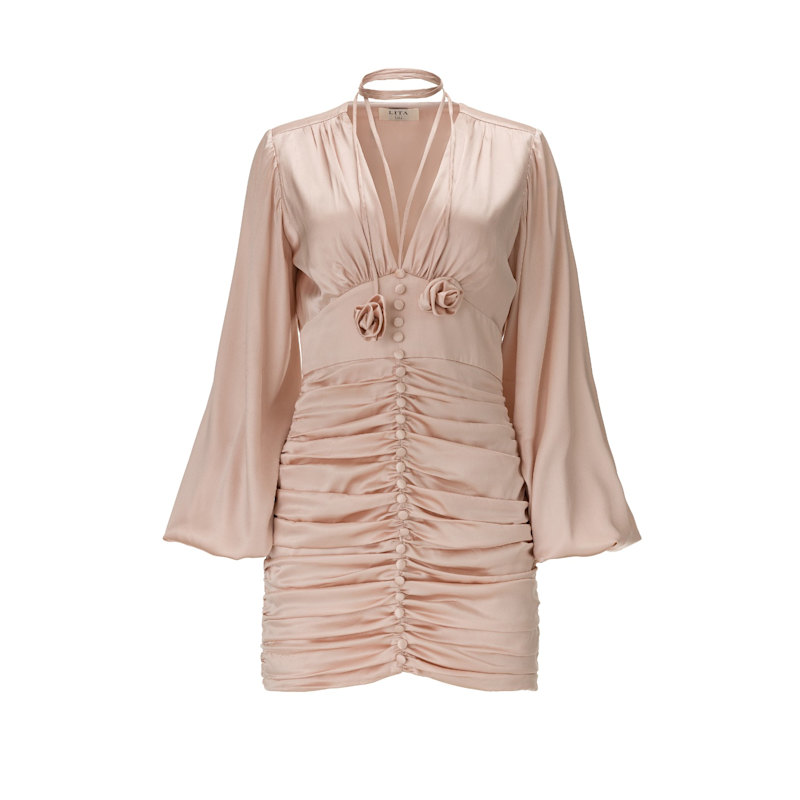 Thumbnail of Ruched Mini Dress In Pink Satin image
