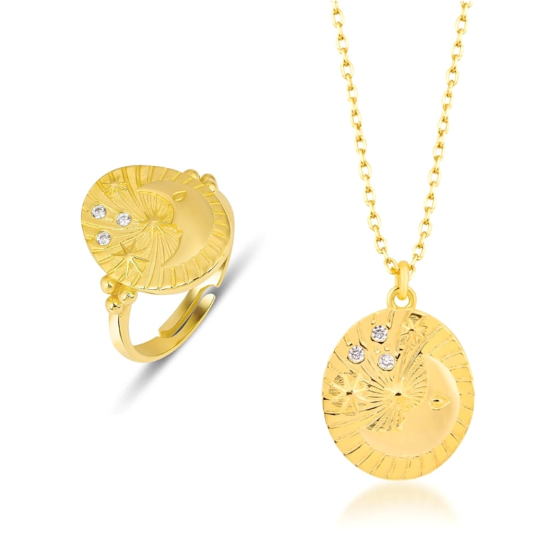 Thumbnail of Moon Face Embossed Silhouette Sterling Silver Set Medal Necklace & Ring - Gold image
