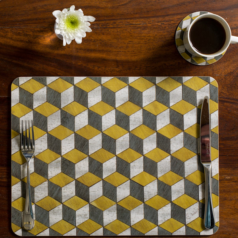Thumbnail of Two Large Placemats In Retro Style Geometric Design In Yellow And Greys With Heat Resistant Melamine Coating. image