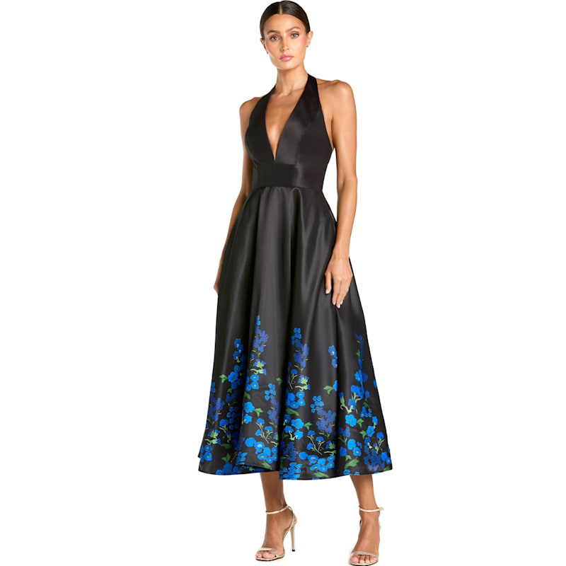 Halter Neck Floral Printed Satin Midi Dress | Mac Duggal | Wolf & Badger