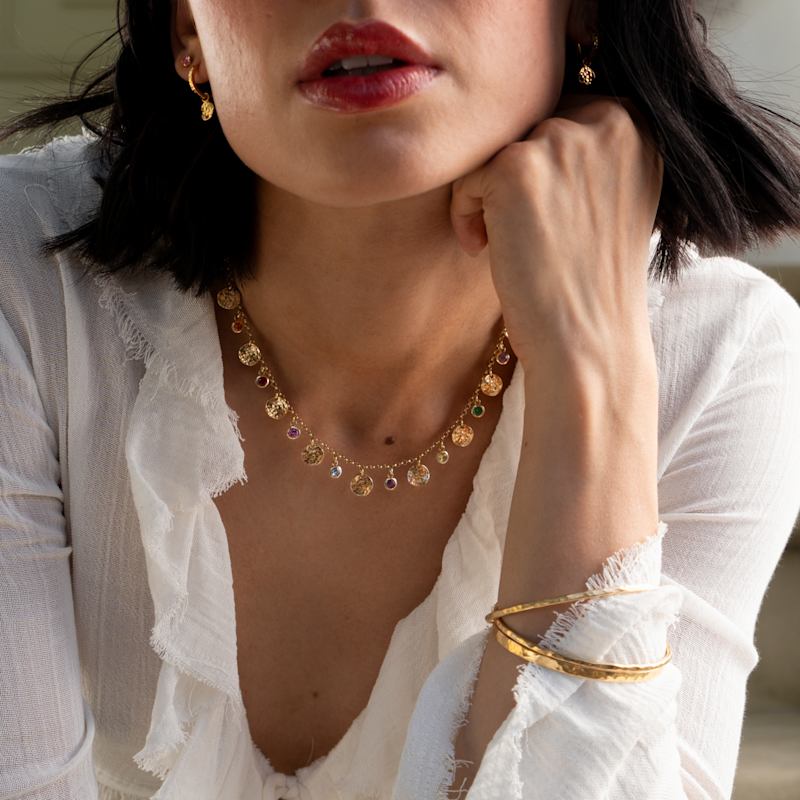 Thumbnail of Hammered Disc & Mixed Gemstone Array Necklace In Gold Vermeil image