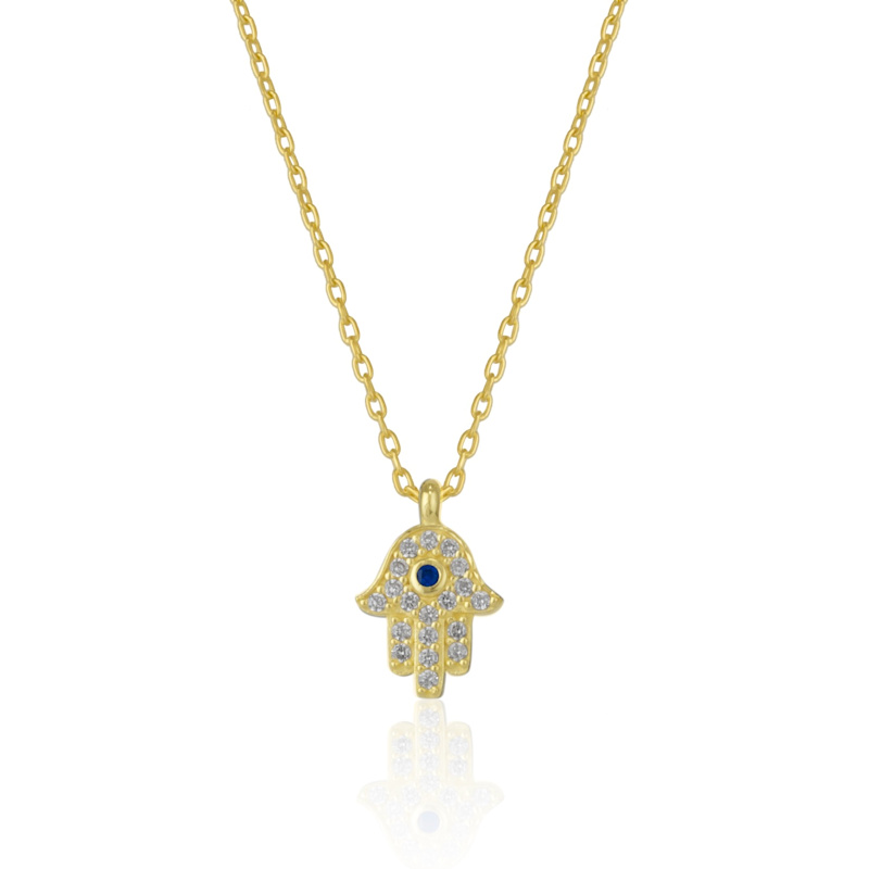 Thumbnail of Hamsa Hand Necklace Sterling Silver With Blue Stone - Gold image
