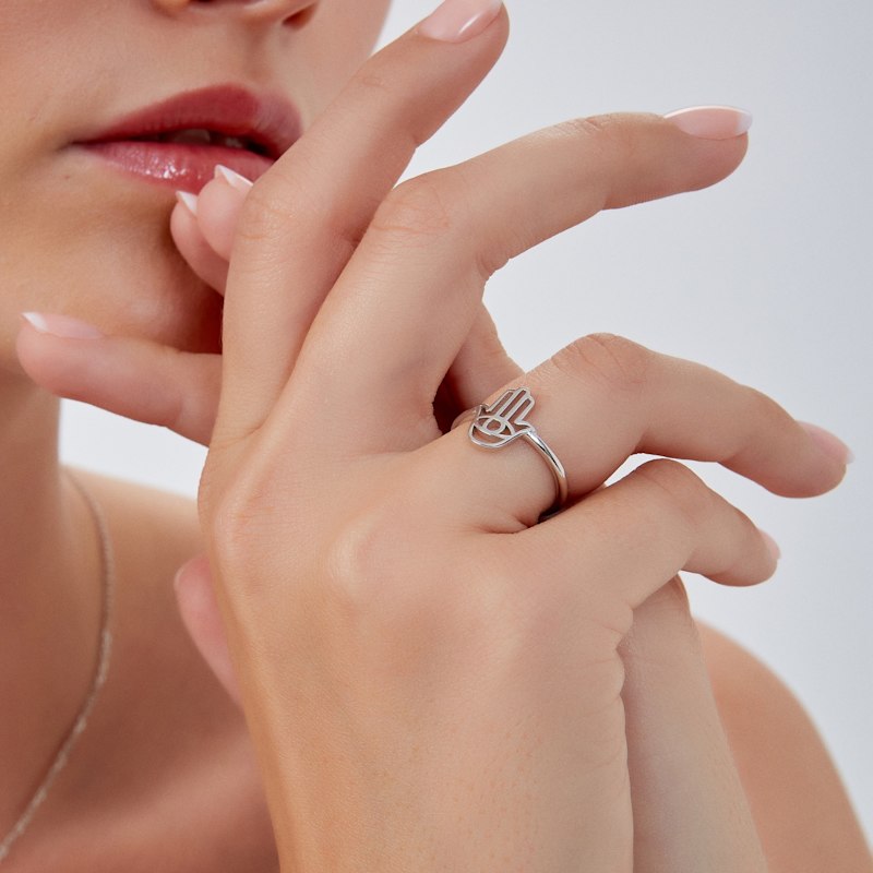 Hamsa Hand Adjustable Ring In Sterling Silver - Silver | Spero London ...