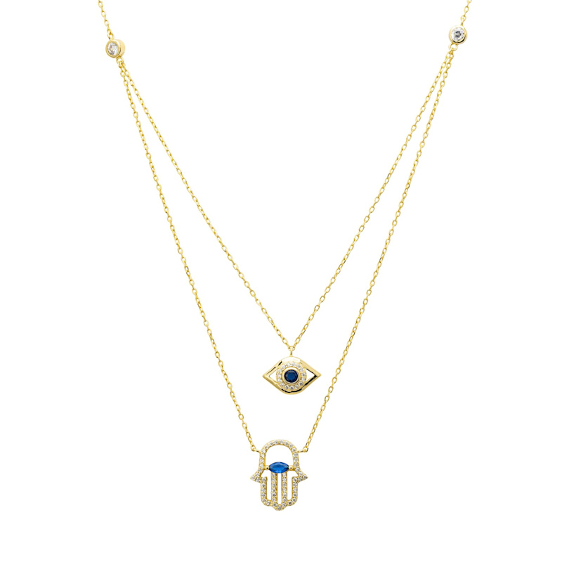 Thumbnail of Hamsa Hand And Evil Eye Layered Necklace Gold image