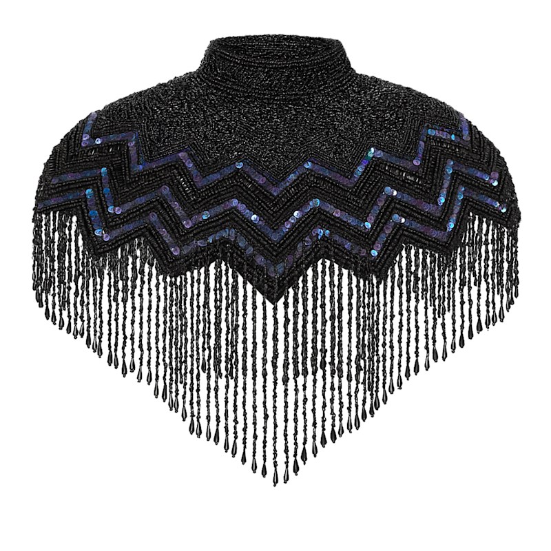 Thumbnail of Hand-Beaded Black Sequin And Pearl Fringe Cape Shawl image