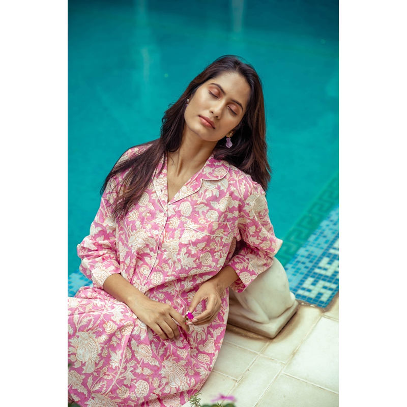 Thumbnail of Hand Printed Nightshirt- Hibiscus Pink image