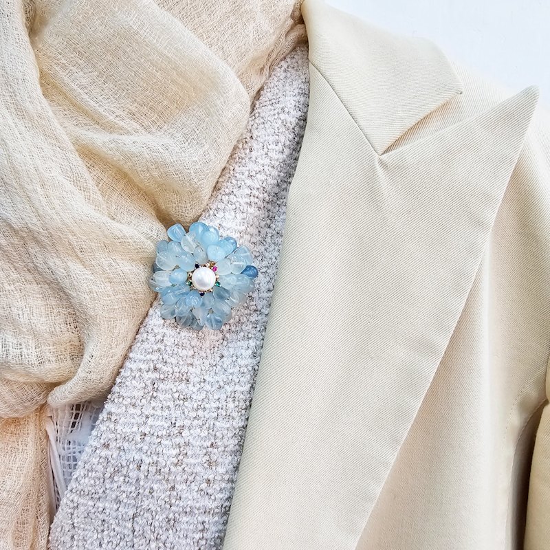 Thumbnail of Handcrafted Flower Shape Natural Aquamarine Brooch image