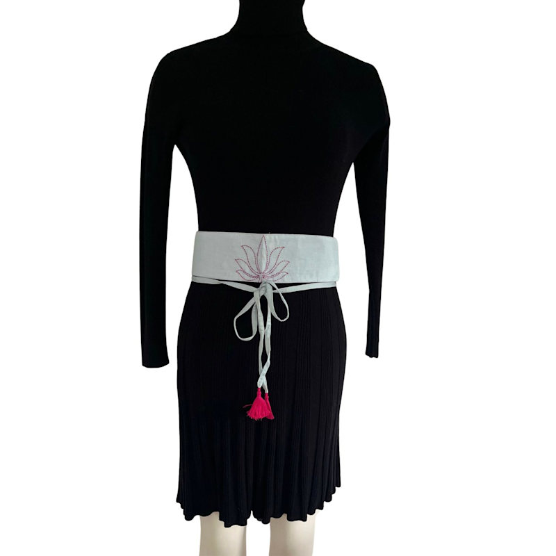Thumbnail of Handcrafted Organic Silk Cotton Obi Belt With Tassels- Light Turquoise & Pink image