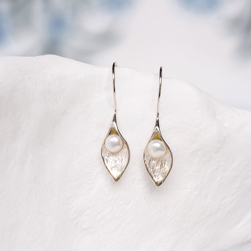 Thumbnail of Handmade Calla Lily Freshwater Pearl Drop Earrings image