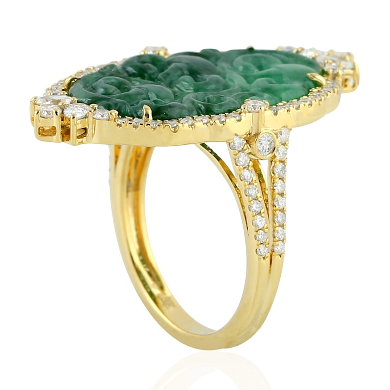 Thumbnail of Oval Carved Green Jade & Diamond Ring in 18K Yellow Gold image