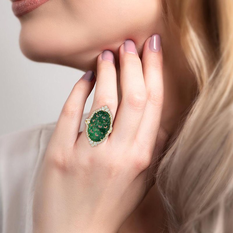 Thumbnail of Oval Carved Green Jade & Diamond Ring in 18K Yellow Gold image