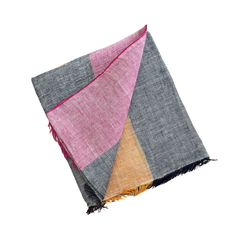 Thumbnail of Handmade Dusty Blue Linen Scarf With Pink & Orange Border image