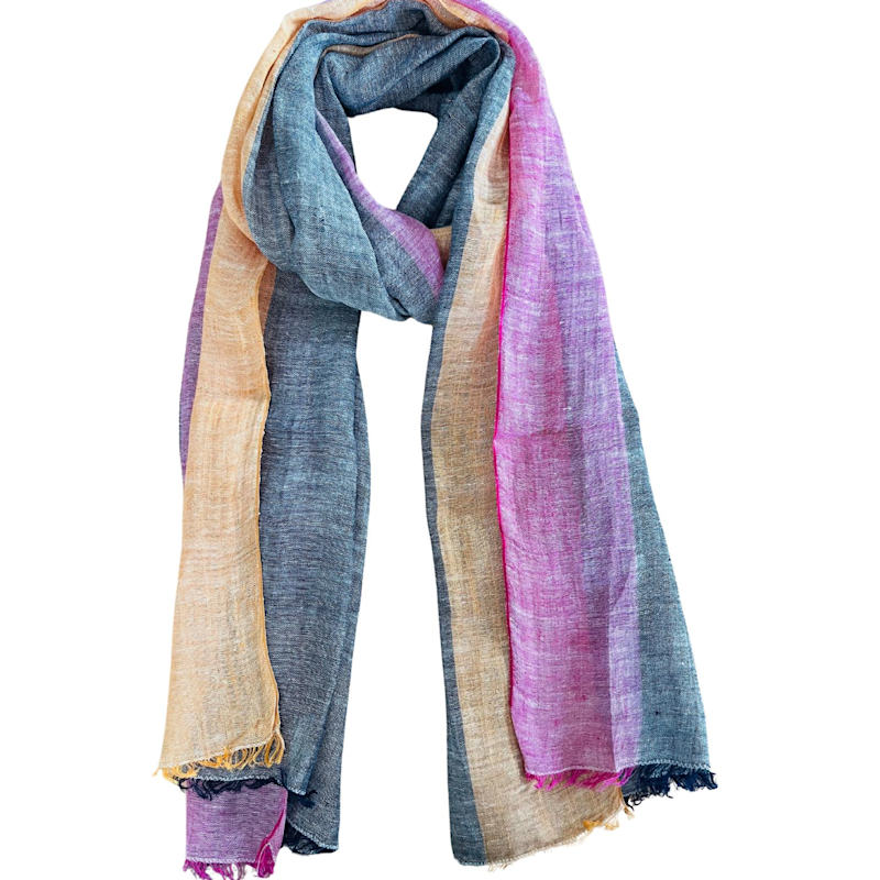 Thumbnail of Handmade Dusty Blue Linen Scarf With Pink & Orange Border image
