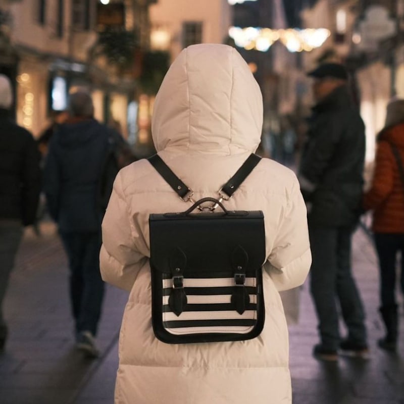Handmade Leather City Backpack - Gothic Striped White & Black