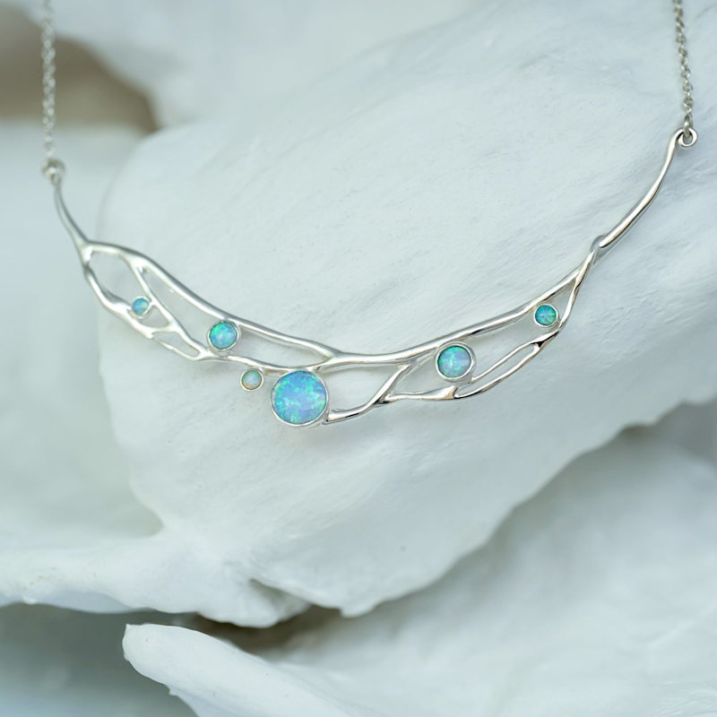 Thumbnail of Handmade Organic Blue & White Fire Opal Statement Necklace image
