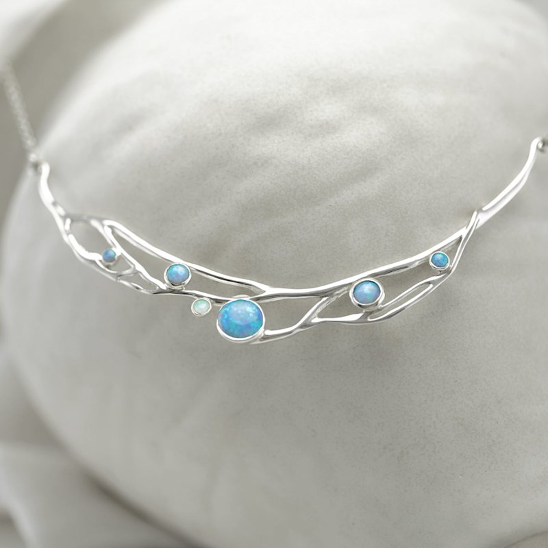 Thumbnail of Handmade Organic Blue & White Fire Opal Statement Necklace image