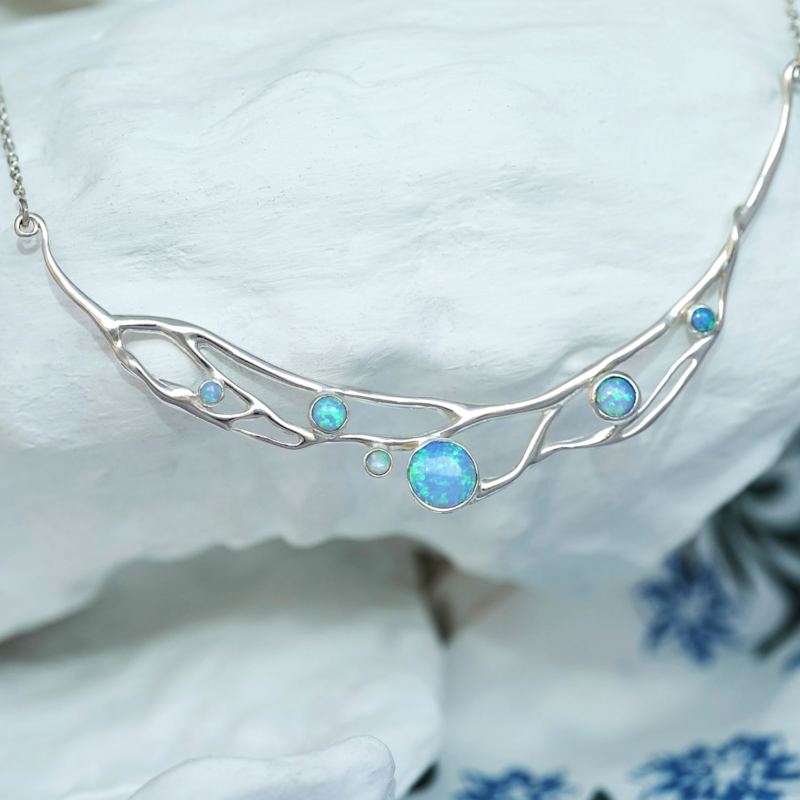 Thumbnail of Handmade Organic Blue & White Fire Opal Statement Necklace image