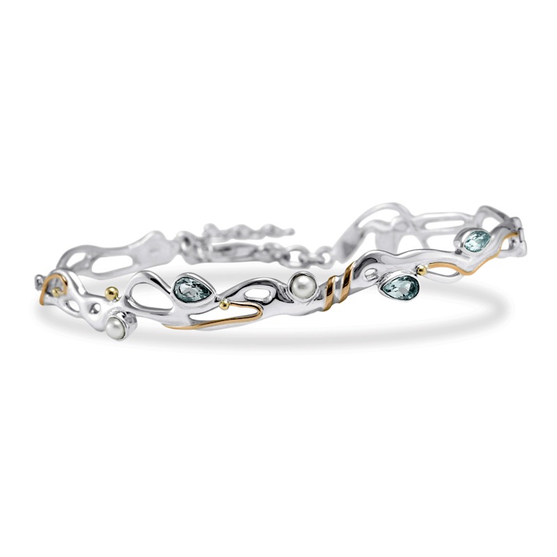 Thumbnail of Handmade Riviera Blue Topaz & Pearl Hinged Bracelet image