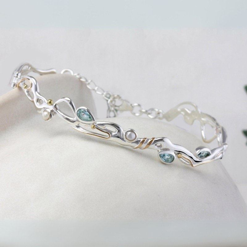 Thumbnail of Handmade Riviera Blue Topaz & Pearl Hinged Bracelet image