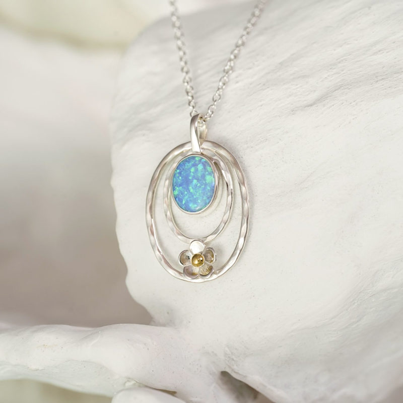 Thumbnail of Handmade Silver Flower & Blue Fire Opal Necklace image