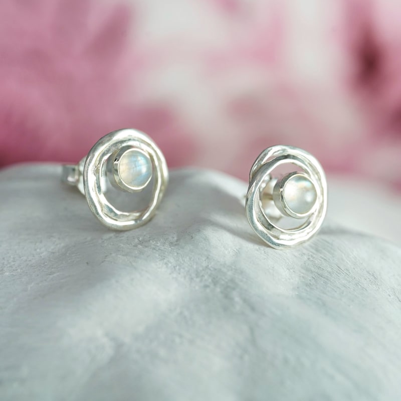 Thumbnail of Handmade Sterling Silver Rainbow Moonstone Stud Earrings image