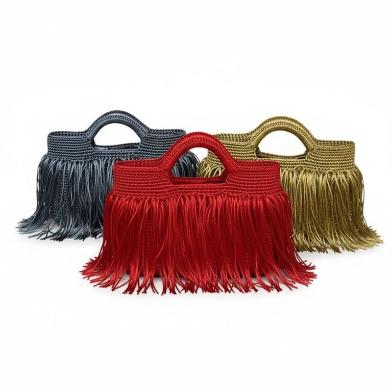 Thumbnail of Handmade Tassel Crochet Bag Crimson Flame Red – Eye-Catching Evening And Special Occasion Bag image
