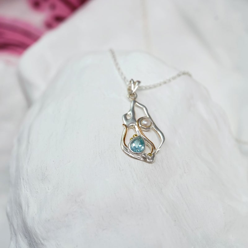 Thumbnail of Handmade Teardrop Blue Topaz & Pearl Pendant Necklace image