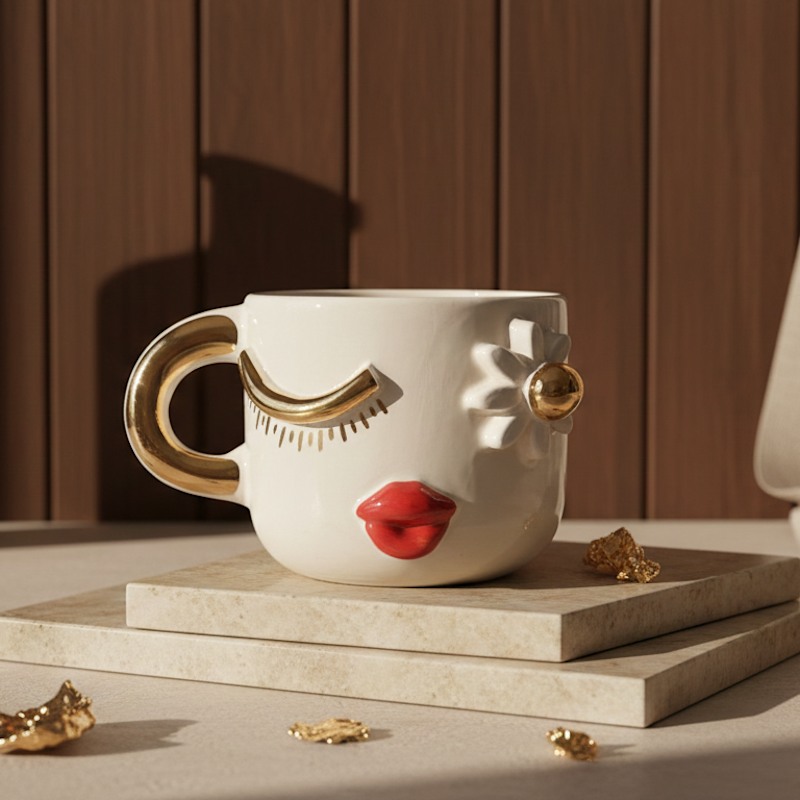 Thumbnail of Winking Daisy Face Ceramic Mug With Gold Handle image