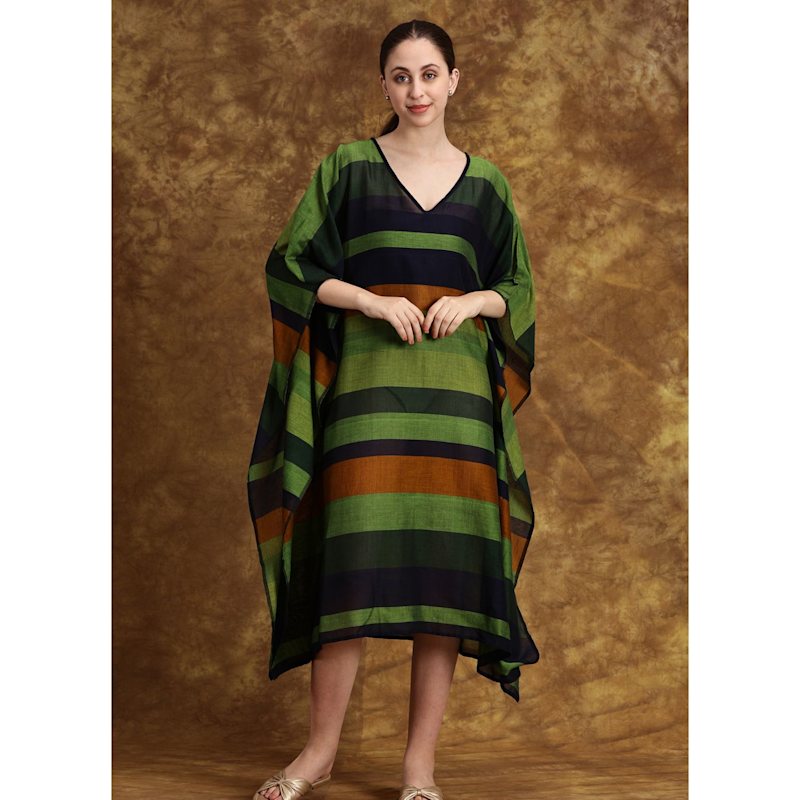 Thumbnail of Handwoven Green And  Brown Striped Kaftan Dress – Earthy, Breezy, Effortlessly Chic image