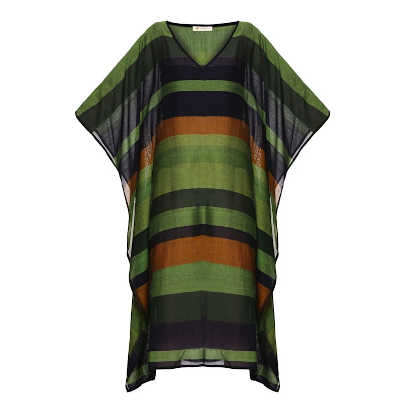 Thumbnail of Handwoven Green And  Brown Striped Kaftan Dress – Earthy, Breezy, Effortlessly Chic image