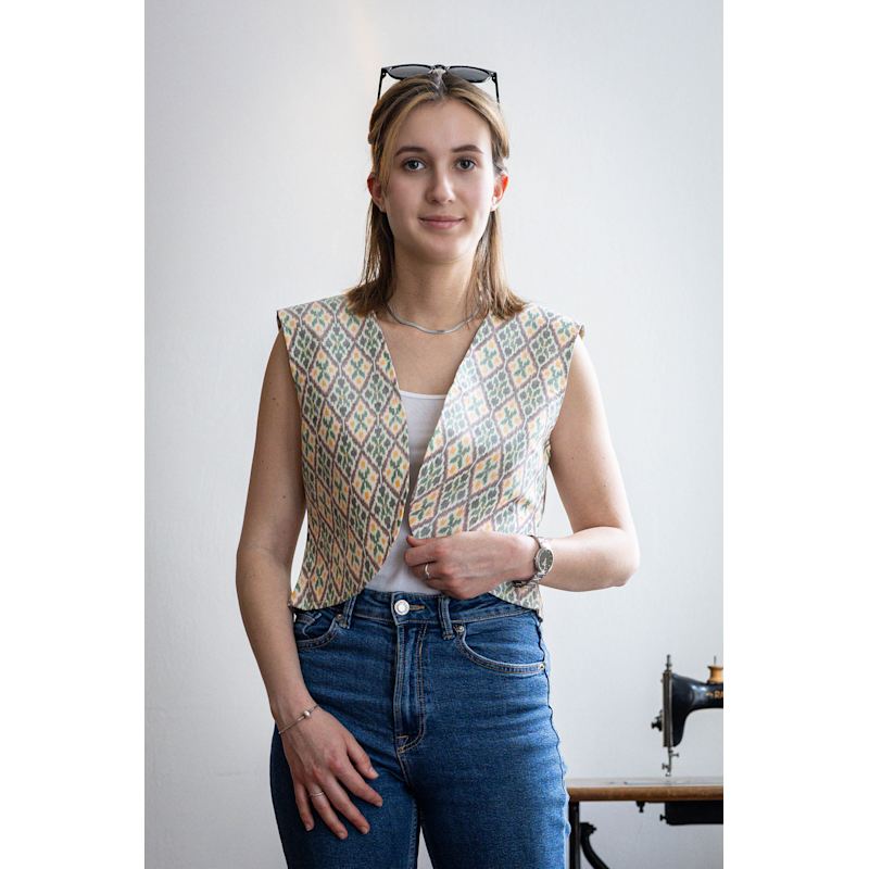 Thumbnail of Handwoven Ikat Silk Vest – Bold Pattern, Effortless Charm - Statement Waistcoat image
