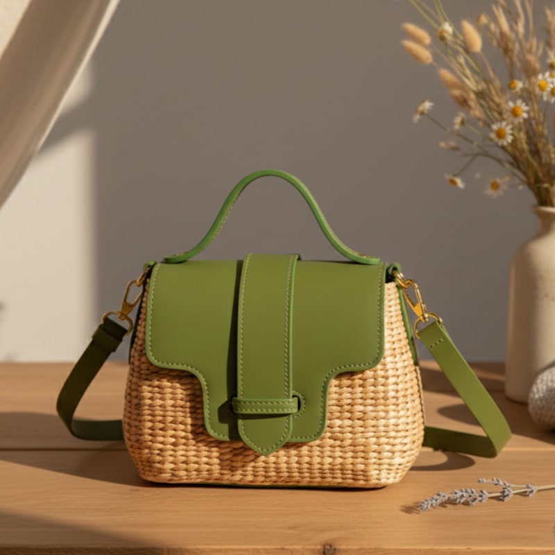 Thumbnail of Handwoven Water Hyacinth Mini Crossbody Bag – Olive Green Leather Trim image