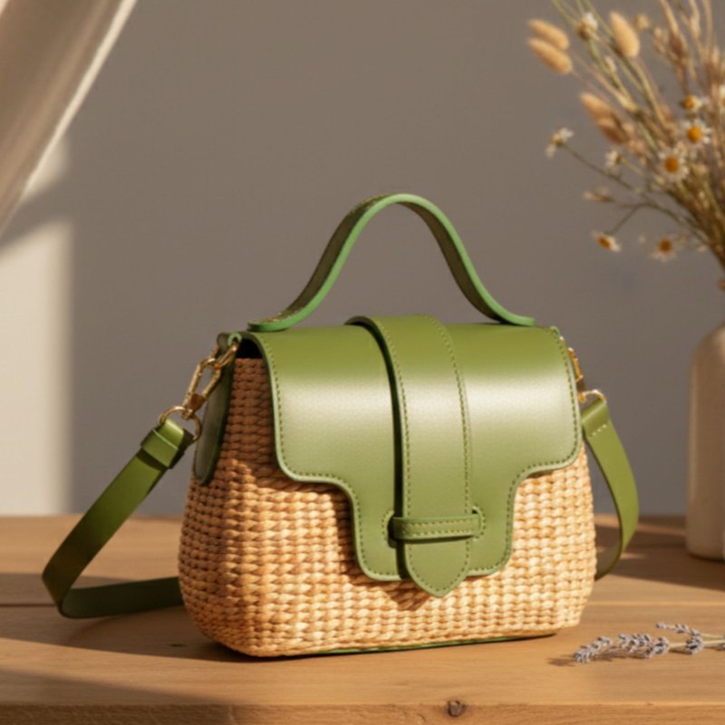 Thumbnail of Handwoven Water Hyacinth Mini Crossbody Bag – Olive Green Leather Trim image