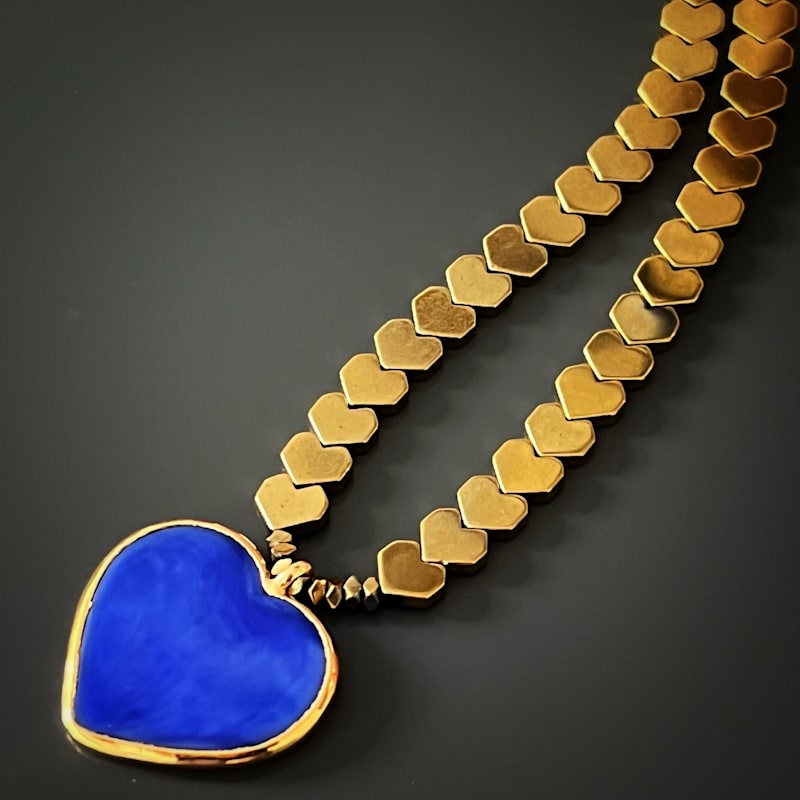Thumbnail of Murano Glass Blue Heart Pendant Gold Hematite Happy Necklace - Gold image