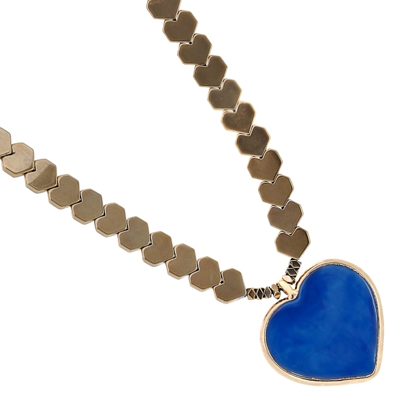 Thumbnail of Murano Glass Blue Heart Pendant Gold Hematite Happy Necklace - Gold image