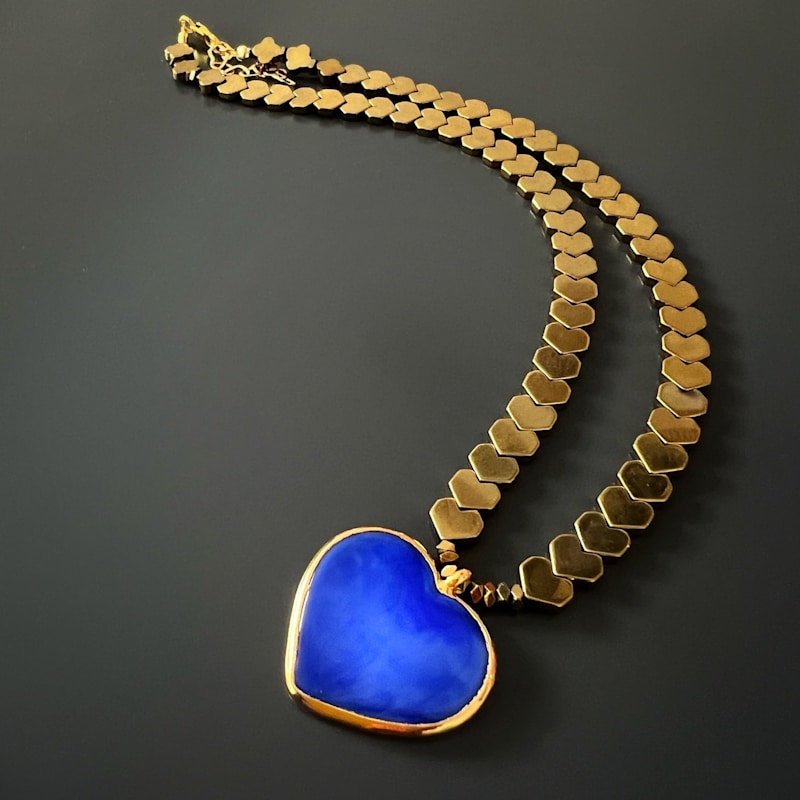 Thumbnail of Murano Glass Blue Heart Pendant Gold Hematite Happy Necklace - Gold image
